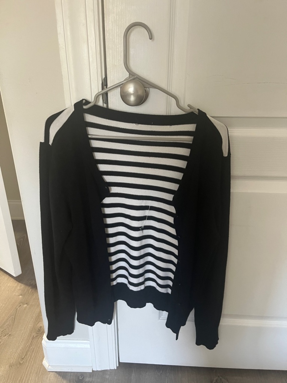 Striped Black & White Open-Front Women's Cardigan